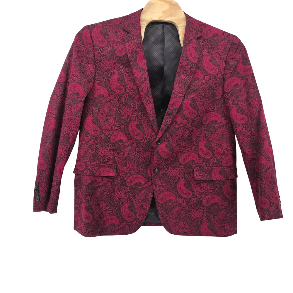 Madison Mens 48R Blazer Burgundy Black Paisley Modern Fit Sport Coat Cotton Blen